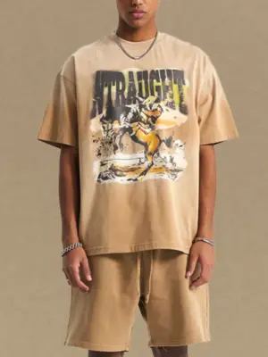 Men's Beige Graphic Round Neck Half Sleeve T-Shirt