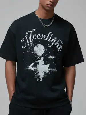 Men's Black Graphic Crew Neck Short Sleeve Casual T-Shirt
