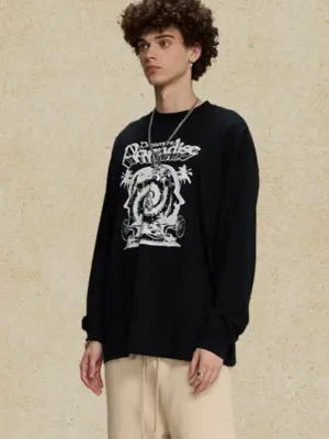 Men's Black Printed Crew Neck Long Sleeve T-Shirt