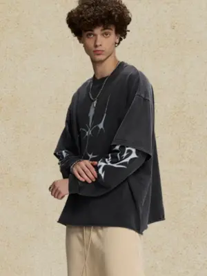 Men's Charcoal Gray Oversized Crew Neck Long Sleeve T-Shirt