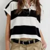 Women's Black Striped Button Front Collared Short Sleeve Top