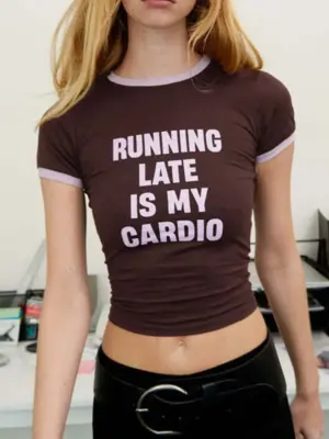 Women's Brown Letter Print Crew Neck Short Sleeve T-Shirt
