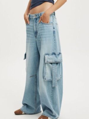 Women's Light Blue Vintage Wash Wide Leg Cargo Jeans