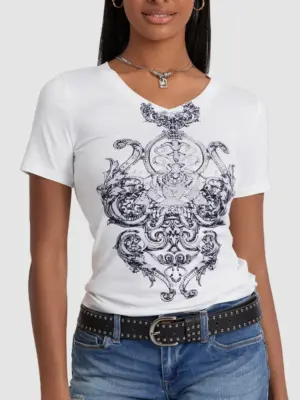Women's White Graphic V-Neck Short Sleeve T-Shirt